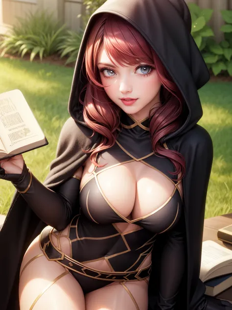 perfect eyes:1.2, detailed eyes:1.4, realistic:1.4, red hair, hair over shoulder, holding book, book, robe, cape, fringe, tentacles, argyle, checkered, clothing cutout, thighhighs, makeup, lipstick, hood up, cleavage, 1girl, solo, (masterpiece:1.6, best qu...