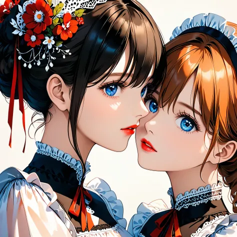 2girls,(beautiful detailed eyes,beautiful detailed lips,extremely detailed eyes an2 maids, face to face, (adjusting collar:1.37), cortical collar, maid decoration, (beautiful detailed eyes), portrait, vivid colors, warm tones, studio lighting, illustration...