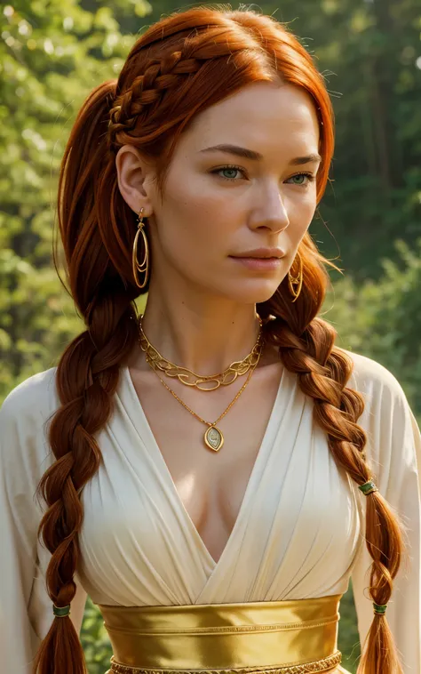 Flamme, (young Lena Headey:Evangeline Lilly), A 35-year-old woman with orange hair, green eyes, sideburns, one large braid, a gold necklace with a ruby pendant, dressed in a white Greek tunic and Roman sandals, with gold bracelets on her arms, forest in th...