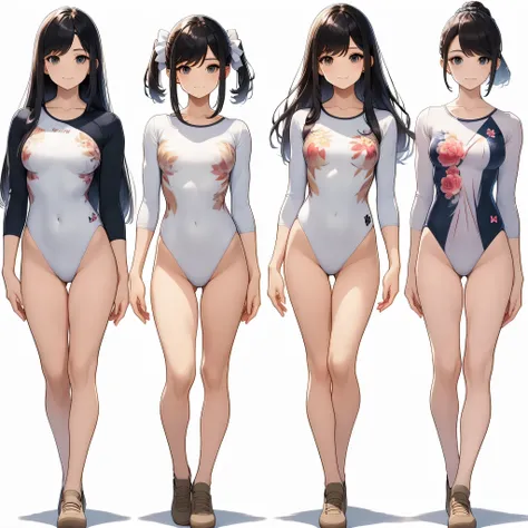 ((full body)),(masterpiece, highest quality), (3 girls 1.5) ,((contrasting:1.5)), looking at iniewer, walk,((in_arm:1.2)), wear gymnastics_longsleeines_leotard_outfit leotard:1.3), (Floral:1.3), BREAK masterpiece black hair, ((long hair:1.2)), ((parted ban...