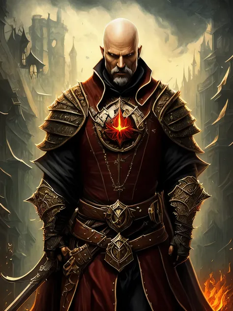 homem sem cabelo. com barba. With nerdy glasses. Com armadura medieval com detalhes em ossos e caveiras. No estilo realista. In a hellish setting in the style of Blizzard&#39;s Diablo games. With a predominance of red colors. With demons in the background ...