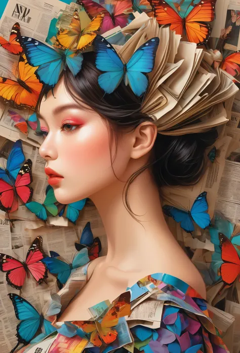 a girl with a side profile, alone, wearing a magazine cover dress, detailed facial features and long eyelashes, with a butterfly...