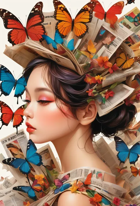 a girl with a side profile, alone, wearing a magazine cover dress, detailed facial features and long eyelashes, with a butterfly...