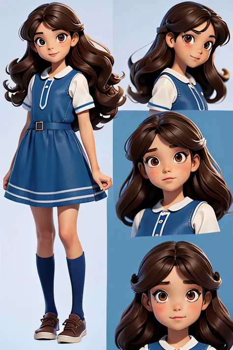 8-year-old girl, 

long curly dark brown hair, 

brown eyes, 

Multiple Poses and Expression, 

blue shoes, 

whole body, 

character sheet, 

different angles, 

children&#39;Book illustrations, 

background white --ar 3:2