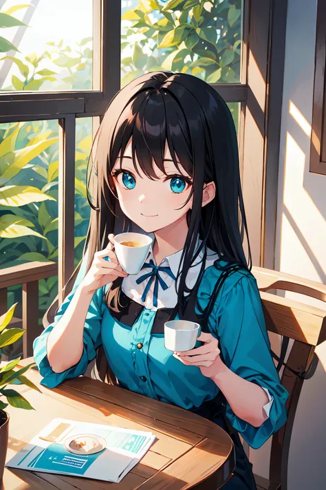 （Hoang Lap，High resolution，hyper detail，nffsw），master piece，best quality，1 girl ，good looking，long black hair，detailed face，black haired、blouse with ruffles、cafe terrace，date、denim、dimple、，brilliant shine、Self snap，light smile，（teal eye）