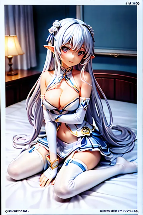 highest quality, masterpiece, 1 girl, alone, elf, long hair, Ferry Base, Thighhighs, bare shoulders, jewelry, No sleeve, white dress, blue skirt, gloves, bed room, bed, wooden floor, sitting, sitting on bed, put your hand on your foot, subtle smile, soft l...