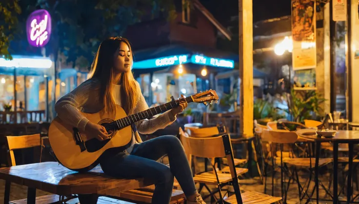 night time, young lady playing guitar, cool cafe