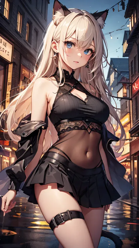 最high quality、best image quality、masterpiece、girl((20-year-old、 By becoming、vest bust、medium bust,wide open breast tea、shining blue eyes, blonde、long hair、thin,highest valley、Black Navel Tank Top、black short skirt、shoulder tattoo,diamond earrings、cat tail、...