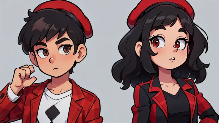 A fair-skinned boy wearing a red and black checkered jacket, curly hair, and a black beret. Next to him, there is a brunette girl, dressed in black clothes, with straight black hair and a fringe.