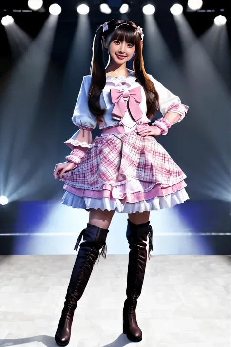 realistic, photorealistic, masterpiece, best quality, idol_costume, knee boots, 1girl, solo, smile, idol, full body, looking at viewer, long black hair, twintails,standing on stage, stage lighting, stage spotlight, detailed background,