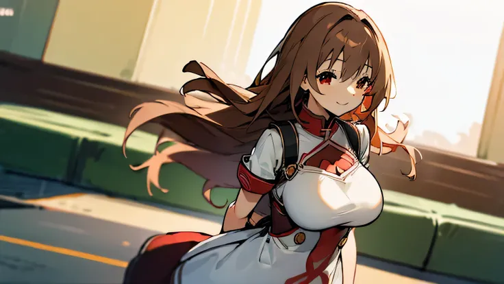 (masterpiece:1.3), 1 girl, solo, best quality, high quality, karory, brown hair, long hair, one side up, large_breasts, , red eyes, walking, arms behind back, smile.