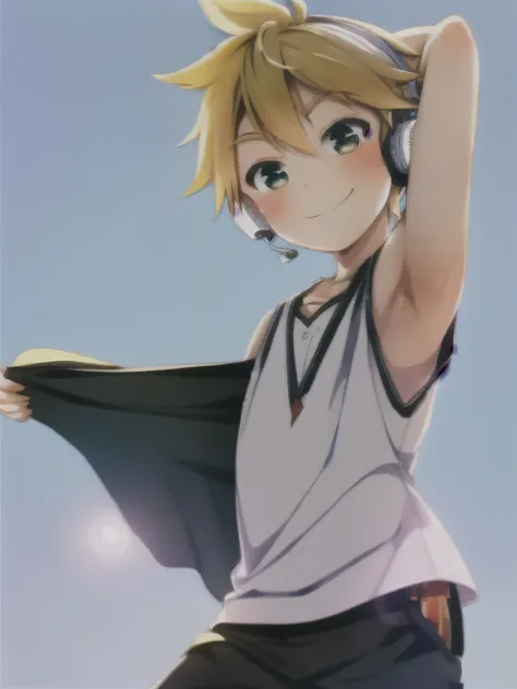 (masterpiece, best quality, ultra precision, (one boy), Young boy, Shota, Kagamine len, Blonde hair, Cowlick, character focus, black short pants, Tank top, innocent, slender, blush, cute, cool, smile a little, happy, Headphones, handsome, high school stude...