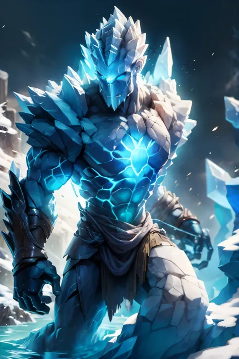 the stone guardian (torso made of stone), claws made of ice, head shrouded in flames, vortexes of air form the legs