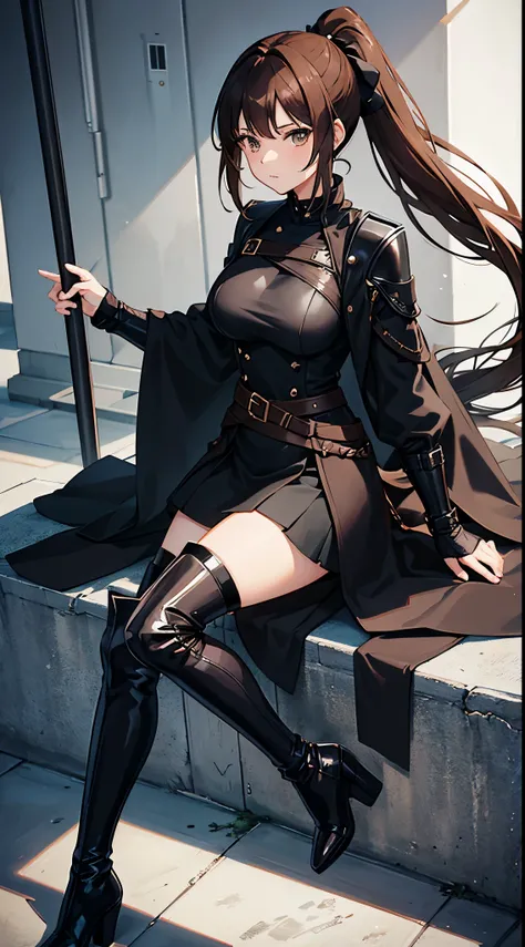 Anime woman with brown hair wearing black armor, a black coat, black skirt , ponytail, bow and high heel boots