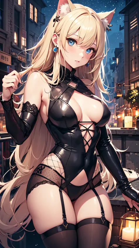 最high quality、best image quality、masterpiece、girl((20-year-old、 By becoming、vest bust、medium bust,wide open breast tea、shining blue eyes, blonde、long hair、thin,highest valley、diamond earrings、cat tail、Cat ear、cat costume pajamas)),high quality、beautiful ar...