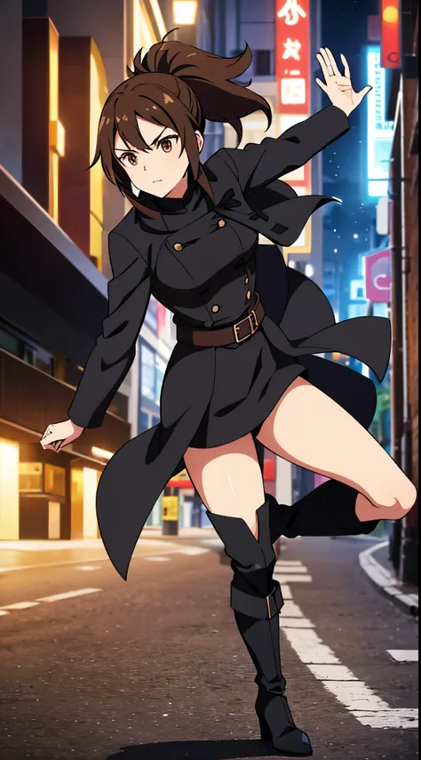 Anime woman with brown hair wearing black armor, a black coat, black skirt , ponytail, bow and high heel boots, assasin on a street at night