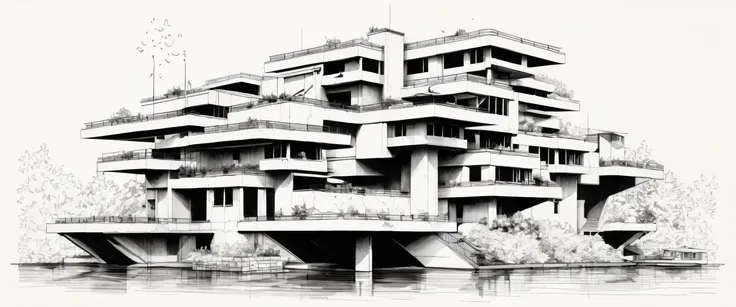 
arafed drawing of a building with a clock on the front, habitat 67, habitat 6 7, brutalist illustration, high quality architectural art, falling water, floating buildings, white habitat 6 7, drawing architecture, architectural sketch, floating city, float...