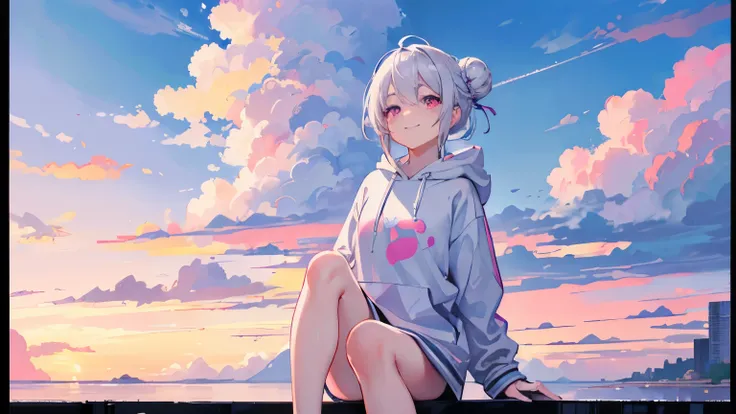 silver hair, shortcut, Bun hair, pink eyes, smile, casual clothes, hoodie, (face forward:1.2), blue sky, horizontal line, (feet out of frame:1.2), (Cirrocumulus cloud:1.2), sunset, (masterpiece), (Best Quality, 8K, High resolution), Ultra-detailed