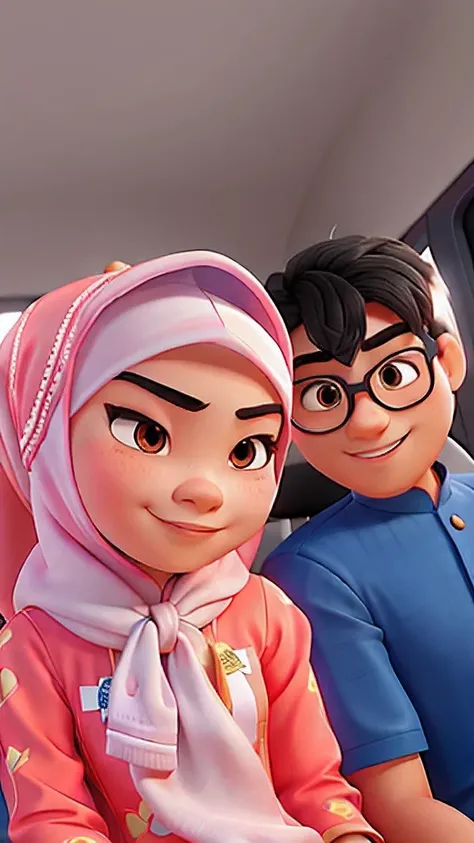 Malaysian man, malaysian woman wearing baju kurung, Pixar style, best quality, high quality