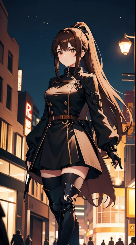 Anime woman with brown hair wearing black armor, a black coat, black skirt , ponytail, bow and high heel boots, assasin walking on street at night