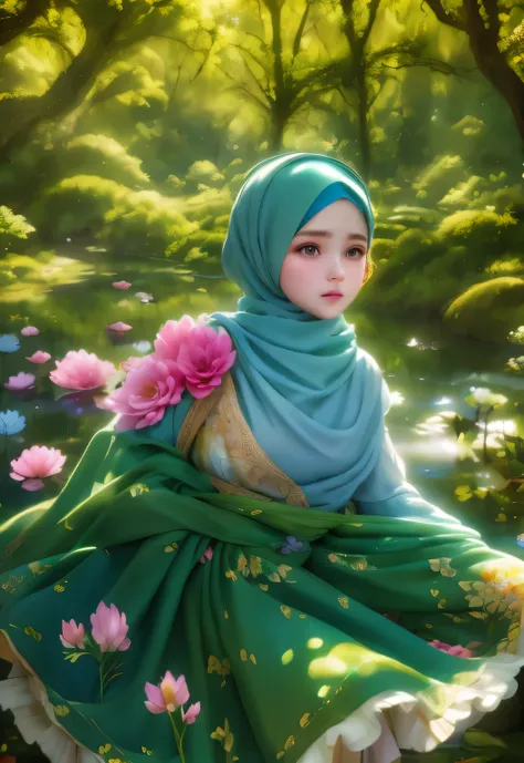 Girl wearing hijab in a forest with floating flowers, river, undulating, undulating cheeks, cute,
bright colors, colorful art style, 
soft lighting, soft shadow, fine texture, dynamic lighting,  
nice hands, perfect hands, 
