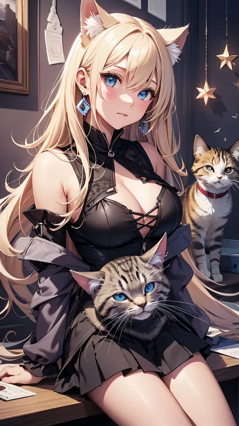 最high quality、best image quality、masterpiece、girl((20-year-old、 By becoming、vest bust、medium bust,wide open breast tea、shining blue eyes, blonde、long hair、thin,highest valley、diamond earrings、black sports bra、black short skirt、cat tail、Cat ear、cat costume ...