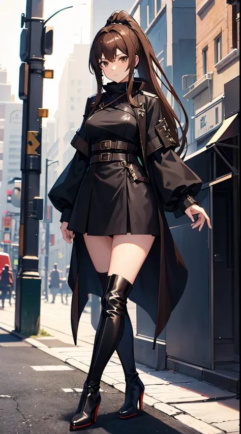 Anime woman with brown hair wearing black armor, a black coat, black skirt , ponytail, bow and high heel boots, assasin on a street at night