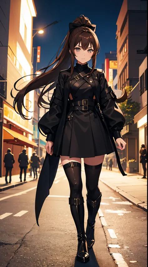 Anime woman with brown hair wearing black armor, a black coat, black skirt , ponytail, bow and high heel boots, assasin on a street at night