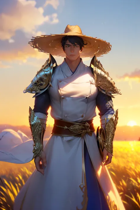 (chef dartwork creating a portrait of an extraordinarily complex young man in the strongest anime style, wearing intricately detailed medieval armor adorned with metallic reflections, tips his straw hat, originates from a scene involving an accident vehicl...