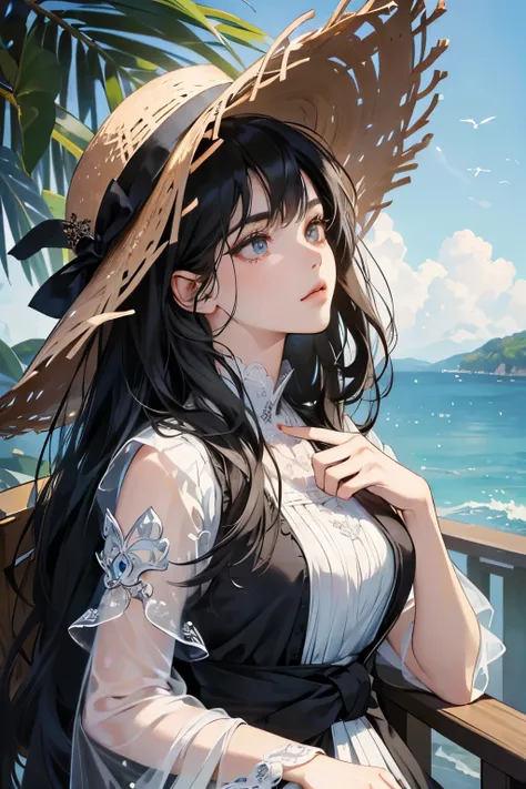 (ultra-detailed, expressive face, long black hair cascading down to her waist, surprise in her big, dark eyes, intricately detailed features), a man wearing a straw hat, ambiguous figure in the background, (high resolution, crisp and clear), (masterpiece:1...