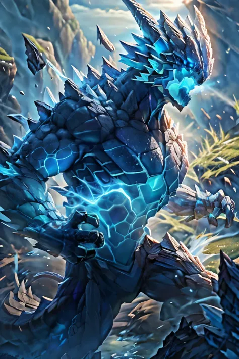 the stone dragon guardian (torso made of stone), claws made of ice, head shrouded in flames, vortexes of air form the legs