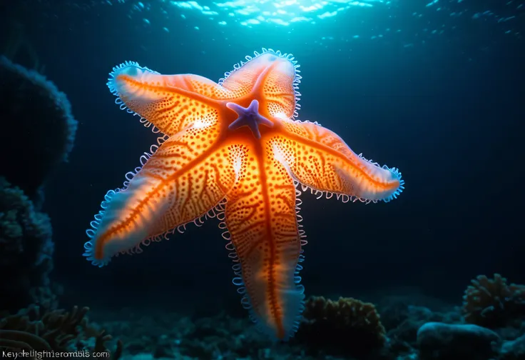 Photo of (a glowing bioluminescent jellyfish:0.5)
Photo of (a starfish:0.6), cinematic, movie still, dramatic lighting, keylighting