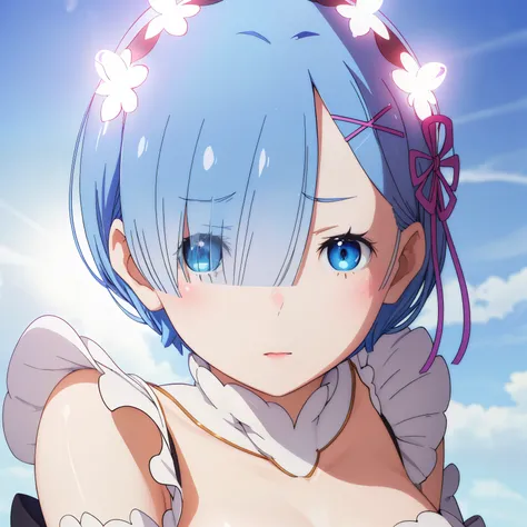 Photiorealistic image of Rem, Re Zero, anime character, captured with a top-quality lens for ultimate detail and clarity. The lighting gracefully illuminates her features, showcasing every intricate line and curve with stunning precision. Vibrant and lifel...