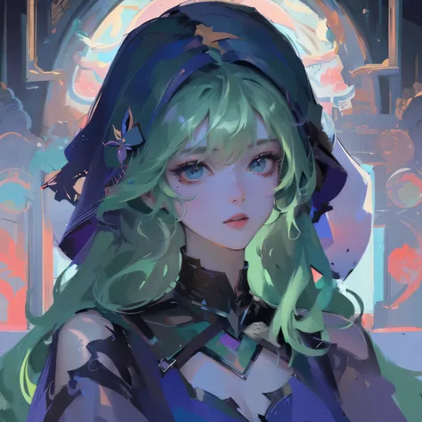 (masterpiece, top quality, best quality, official art, beautiful and aesthetic:1.2), (1girl:1.3), (fractal art:1.3), card, tarot, green hair, twin braids, hair flower, (good lighting:1.1), ((highres)), Tarot card style