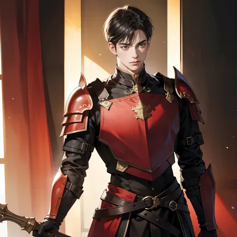 Masterpiece, high quality, best quality, HD, realistic, perfect lighting, detailed body, 1 man, wearing armor, black short hair, Red uniform, set background.