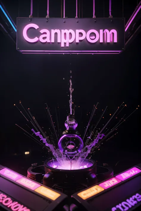 Crea un banner para twitch con la palabra "Campana" in black and purple with a video game theme and with abstract neon lights