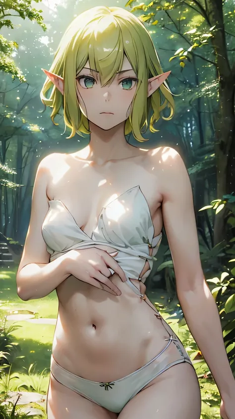  masterpiece, 1 girl,((extremely small breasts))、((very small breasts))、((A-cup size breasts)), high quality, exposed skin,、yellow green short hair、elf、delicate body、slender body、Completely naked、in the forest、solid and beautiful eyes、grumpy face、(8K)、(wal...