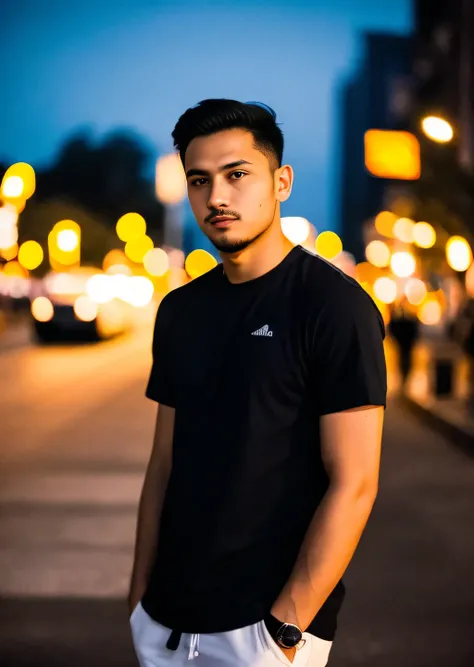 RAW photos，Photo of a 25-year-old man wearing black short sleeves，the night，the city street，（highdetailskin：1.2），8K  UHD，Slr，softlighting，high qulity，filmgrain，Fujifilm XT3