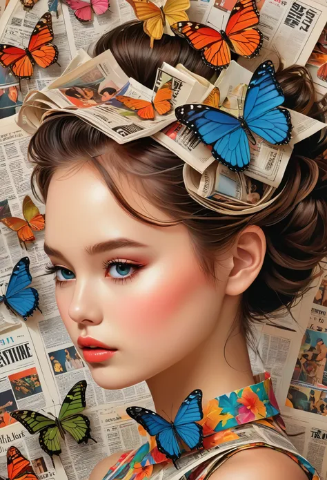 A girl with a side profile, alone, wearing a magazine cover dress, detailed facial features and long eyelashes, with a butterfly perched on her head, surrounded by an arrangement of cut-out newspaper clippings. The girls face is photorealistic and detailed...