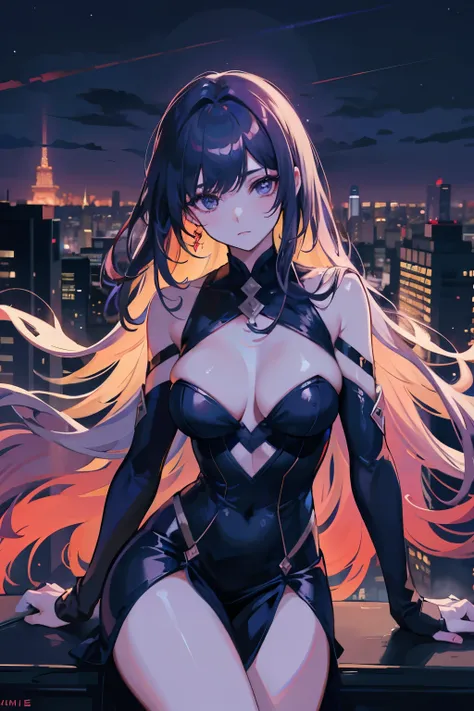 Girl with enchanting allure, half angel and half devil, gracefully perched atop a towering high building, looking down upon the city below with a thoughtful expression. Her captivating presence was accentuated by a shimmering purple aura that radiated arou...