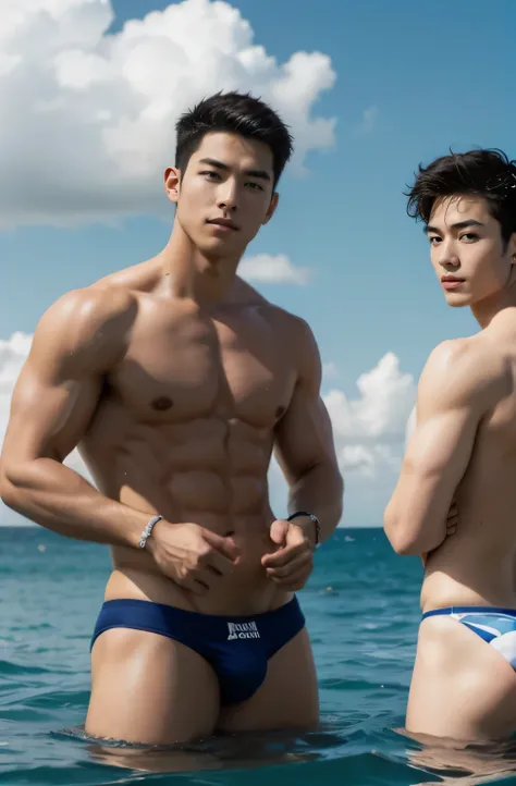 2 young handsome guys，twin，A light smile and fair skin，abdominal muscles, Muscular chest muscles,  chest muscles肿胀，hairy body，Sexy and charming expression，blue eyes，Perfect hand details，standing in the ocean，buoy,(thong)，(Big bag highlights)，ocean