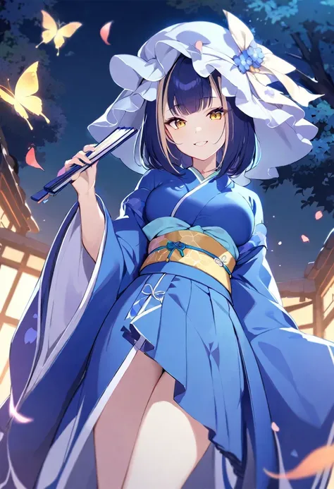 shy lily/(Twitch/),on the table, best quality, 1 girl in,  Butterfly, loopholes, alone,triangular headpiece, Tree, Common, folding fan, petal, wide sleeves, sash, Smile, kimono, long sleeve, thug hat, looking at the audience, Heart, skirt, frills, breast, ...