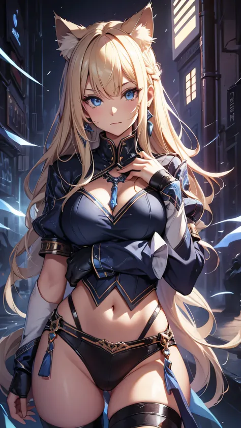 最high quality、best image quality、masterpiece、girl((20-year-old、 By becoming、vest bust、medium bust,wide open breast tea、shining blue eyes, blonde、long hair、thin,highest valley、diamond earrings、cat tail、Cat ear、cat costume jacket、cat gloves、how much do you k...