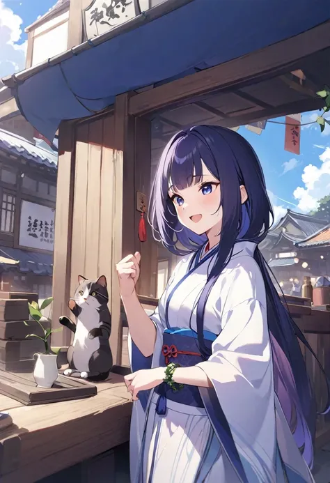 shy lily/(Twitch/), Under blue sky and white clouds，Teahouses line both sides of the ancient street,Tavern，pawnshop，workshop，There are also many small stalls in the open spaces on both sides of the street.，（woman wearing robe，There is a girl with a super d...