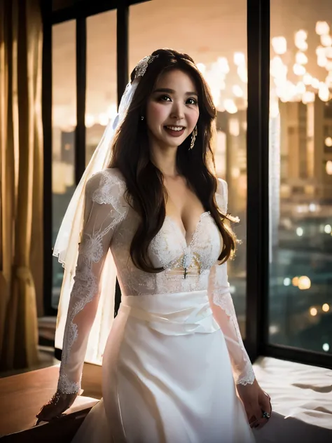 NSFW, ((highest quality)), ((8K)), ((masterpiece:1.3)), ((photorealism)), ((one japanese woman)), (Dark interior lighting), (Luxury hotel top floor suite), (You can see the distant night view from the large windows.), (beautiful night view:1.2), (Female 38...