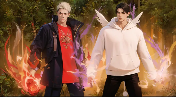 deux personnages d&#39;anime stand side by side in front of a bush, en tant que personnage de tekken, Hidari et Vlop, tenues diverses, Akehiko Inoue et Ross Tran, Jin Shan et Ross Tran, in the style of sifu 🔥 😎 🕹️ 👀 :2, style roi des combattants, jeu de st...