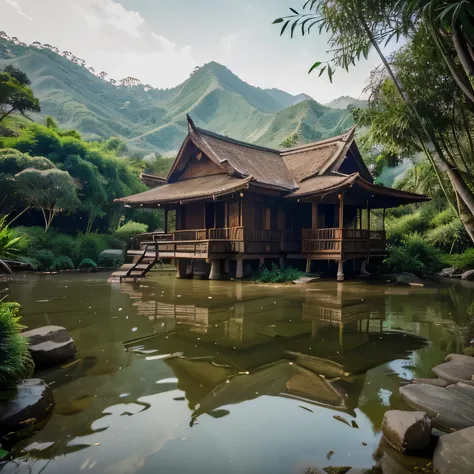 photography of the beauty of a beautiful Indonesian mountainside village with a house made of bamboo with a large yard, and a calm flowing river with very clear water with large rocks in the river.  There is a path leading to a large tree which makes the i...