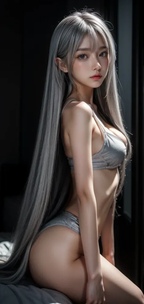 black underwear,{{Normal position}},{{{straight hair}}},open thighs,sitting on the bed,アーモンドshapeの目,{{{{{silver eyes}}}}},{{{{{dull bangs}}}}},(slanted eyes},{{{Silvery pubic hair}}},{{whole body},{{{1 girl}}}, long hair, straight hair,{{{{silver hair}}}},...