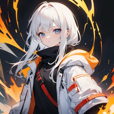 white hair、Orange inner hair、white camisole、white jacket、Cyber Sense、white and orange cyber、neon、white space、Black Skull、wonder、fantasy、Thick coating、tobacco、white smoke、cool composition、cool girl、handsome girl