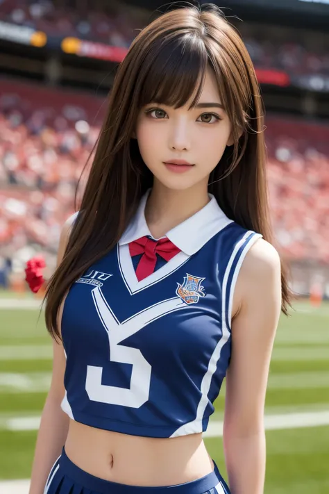 one girl, (a beauty girl, delicate girl:1.3), (25 years old, gal:1.3), break, (cheerleader uniform:1.3), break, very fine eye definition, (symmetrical eyes:1.3), break, (stadium:1.3), break, medium breasts, brown eyes, parted bangs, brown hair, girl, break...